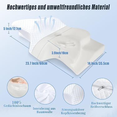 Подушка для шиї SAHEYER з Memory Foam, ортопедична, ергономічна, для сну на боці, біла, 60 x 35.5 x 10/13 см