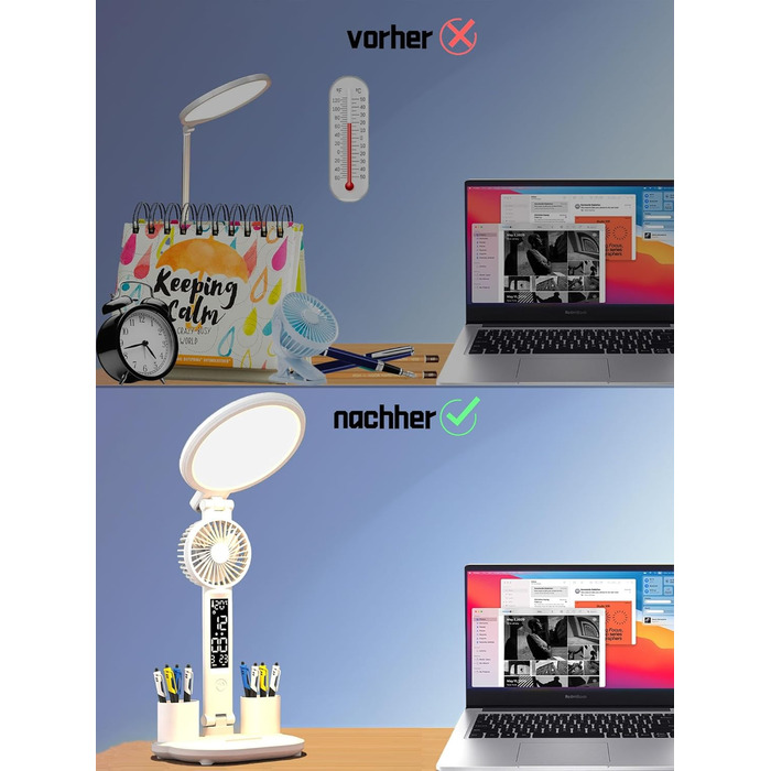LED-лампа настільна з вентилятором для дітей WLHONG з годинником, тримачем для ручок, календарем та датчиком температури, 3 режими температури кольору, кругла