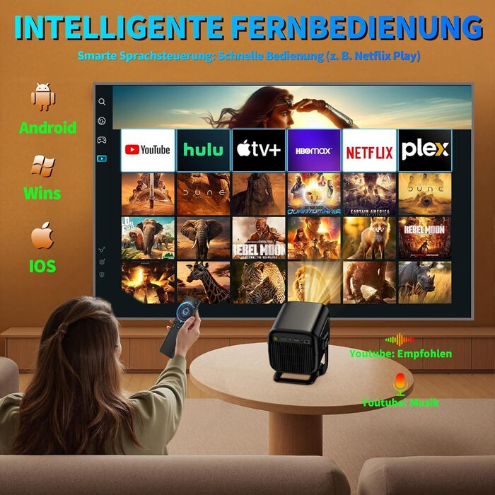 Портативний проєктор Mini Beamer 4K з WiFi 6, Bluetooth 5.4, автоматичною корекцією трапецеїдальних спотворень, обертання 270°, підтримка USB/Laptop, з пультом ДУ та мишкою, білий (Black-1)