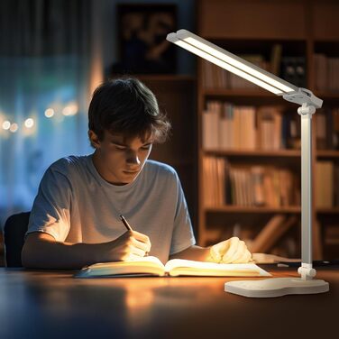 LED лампа настільна з двома руками, 5 кольорів та 10 рівнів яскравості, таймер вимкнення на 45 хвилин, сенсорне керування, для навчання (біла)