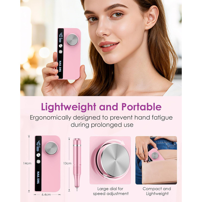 Електричний апарат для манікюру та педикюру з LCD-дисплеєм, 40000 об/хв, 15 насадок, рожевий. Для професійного та домашнього використання