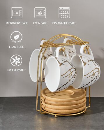 Набір керамічних чашок капучино HOME DECOR 4 шт., 220 мл, з металевим підставкою. Підходить для капучино, лате, американо та чаю. Чорний та білий дизайн.