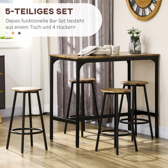 HOMCOM Bar Table Set 5-Piece with 4 Bar Stools, Kitchen Table in Industrial Design, Rustic Brown, Metal Dining Set for Kitchen & Bar