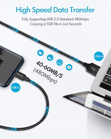Кабель USB-C на USB-A, 4м, чорний: для Samsung, iPhone, Redmi, Pixel