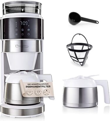 Кавомашина Barista Filterkaffeemaschine з регульованим млинком та термокружка | Функція підігріву, таймер 24 год та постійний фільтр | Для 10 чашок кави | Кавомашина для зерен та меленої кави [Нержавіюча сталь] (9) Weiß (Pro Design) - Термокружка - з