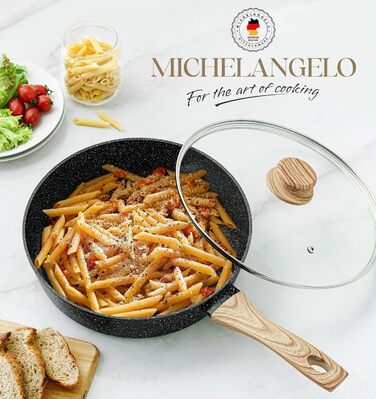 Сковорода з антипригарним покриттям Michelangelo з кришкою 28 см, глибока сковорода з кришкою, сковорода для тушкування 28 см, індукційна сковорода з антипригарним покриттям та м'якою бакелітовою ручкою, підходить для індукційних плит, чорна, глибока сков