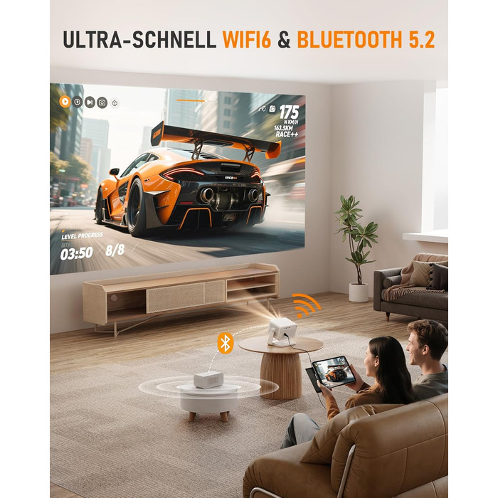 Міні проєктор Smart Beamer A-27000L з Wi-Fi 6, Bluetooth, підтримкою 4K та Netflix, Full HD 1080P, автофокусом та корекцією трапеції 6D для домашнього кінотеатру та використання на вулиці