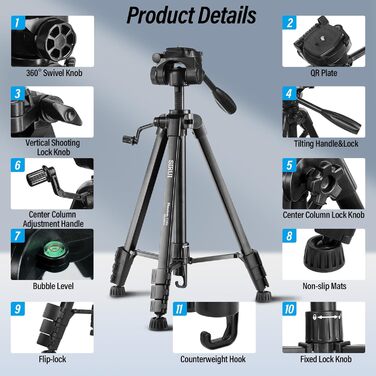 Штатив для камери SIRUI 154 см, алюмінієвий трипод з кріпленням для телефону, максимальне навантаження 5 кг