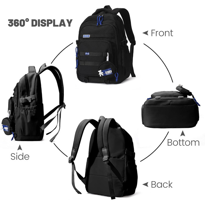 Шкільний рюкзак для дівчаток-підлітків, водонепроникний, легкий, великої місткості, модний, для школи або подорожей (чорний)