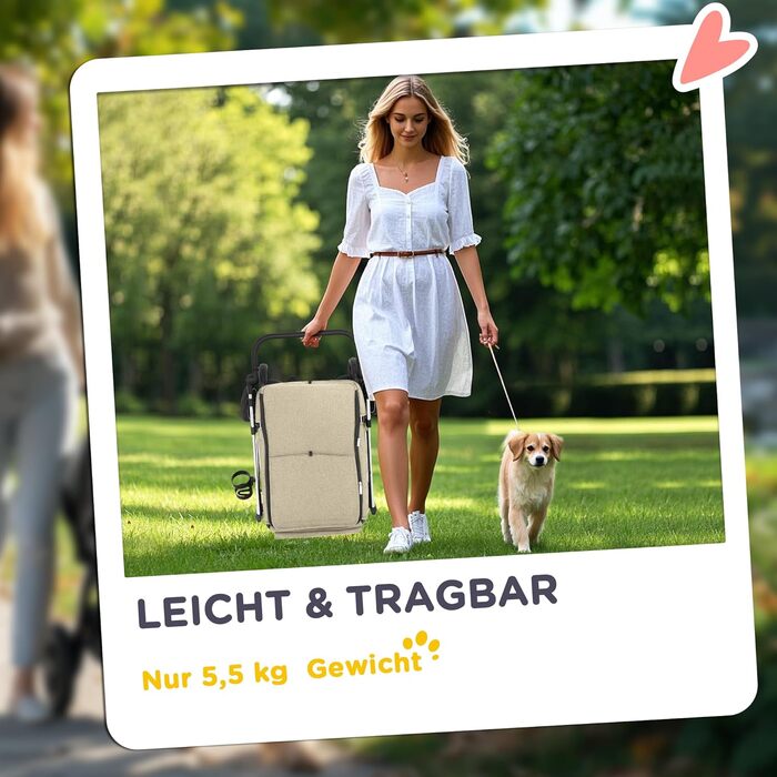 Візок для собак PawHut легкий, складаний, з алюмінію для собак та котів. З подушкою, сітковими вікнами, дверима та кошиком для зберігання. Міні-візок для маленьких собак (Хакі)