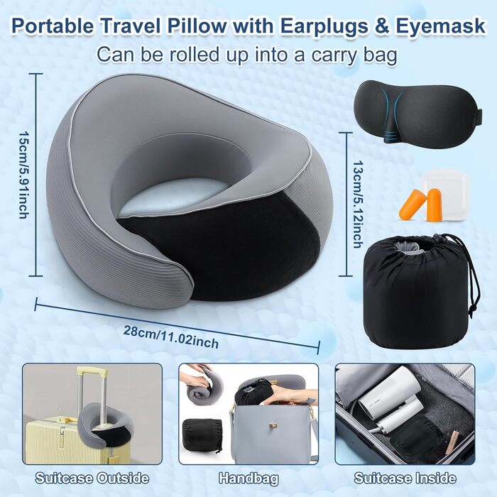 Подушка для шиї у літак з Memory Foam, набір: подушка, маска для сну та навушники (сіра)