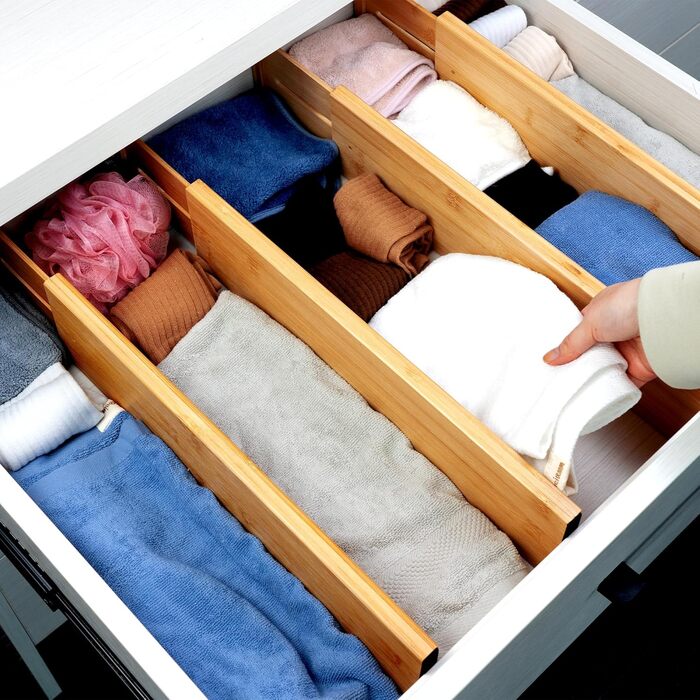 Utoplike 4 Pack Bamboo Adjustable Drawer Dividers, Adjustable Drawer Organizer, Spring-Loaded, for Clothing, Cosmetics in Bathroom and Bedroom Drawers