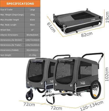 Візок для собак Tiggo VS Pets 2-в-1: візок та велопричіп, сірий, об'єм 270 л, до 35 кг