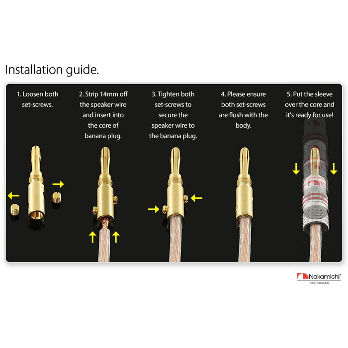 Штекери Nakamichi 24K позолочені бананники 12-18 AWG для акустики, підсилювачів, Hi-Fi, AV-ресиверів, стерео, домашнього кіно, аудіокабелів, 4 шт. (2 пари)