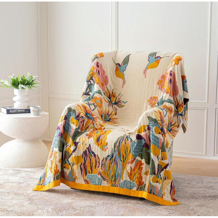 Бохо плед-покривало King Size 274x229 см, тепла затишна ковдра для дивана і ліжка з квітами і метеликами, весняний дизайн для вітальні