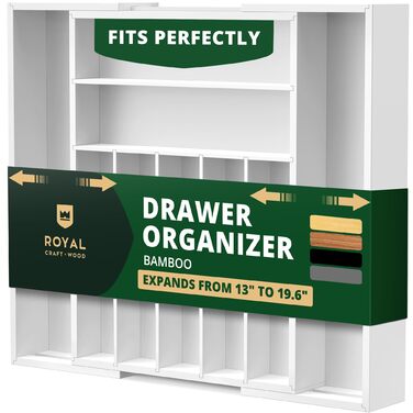 Органайзер для столових приладів ROYAL CRAFT WOOD з бамбука, 9 відділень (20x17.5 см), білий - тримач для ложок, виделок, ножів та кухонного приладдя