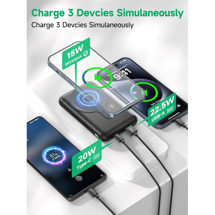 Портативний зарядний пристрій 20000mAh з MagSafe, PD 22.5W, USB-A, магнітне підключення, бездротова зарядка 15W, LED дисплей, чорний