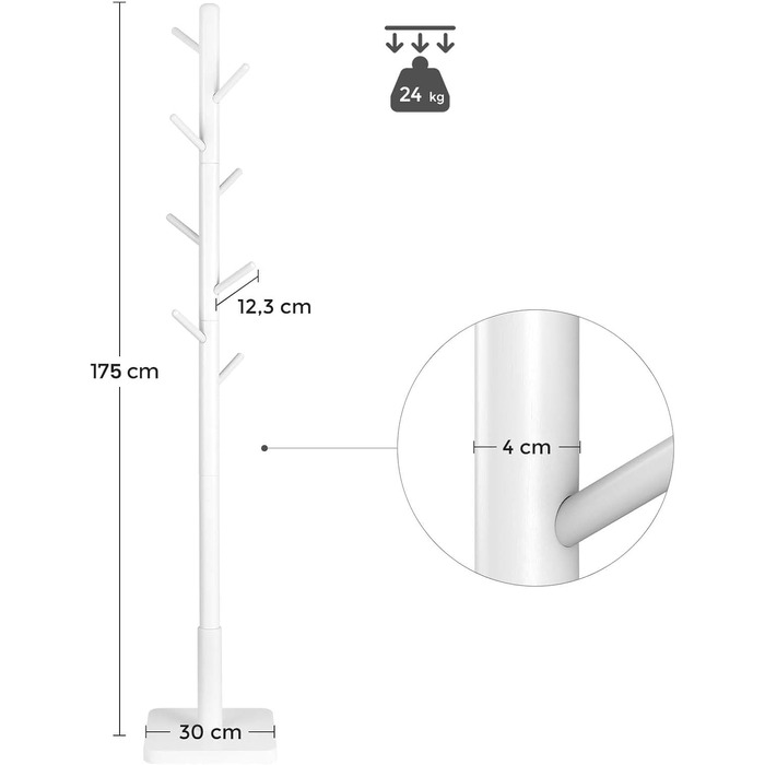 VASAGLE Coat Rack, Clothes Rack Solid Wood, Tree Shape Jacket Stand, 8 Hooks for Jackets, Hats, for Entryway, Hooks and Hold Bar Made of Rubber Wood, Cloud White RCR010W02