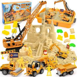Tacobear Construction Site Magic Sand Case Sensory Toy Gifts Boy 3-8 Years with 1kg Kinetic Sand, Crane Toy, 5 Mini Vehicles & 14 Sand Molds, Sand Play Toy, Magic Sand Gift for Kids