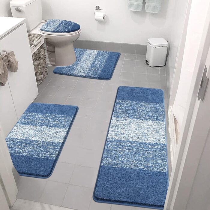 Enyhom 4-Piece Microfiber Bath Mat Set - Non-Slip Bathroom Rugs & Toilet Lid Cover (Blue, 45x65cm, 45x120cm, 50x60cm, 48x53cm)