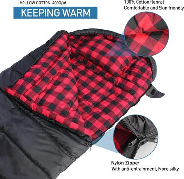 Спальний мішок Outdoor Flanell Warmer для туризму та кемпінгу. Бавовняне внутрішнє утеплення, до -1°C, XXL, 230x90 см, чорний, зима, дорослий