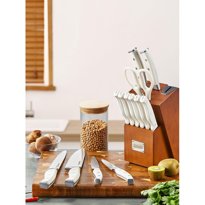 D.Perlla 14-Piece Self-Sharpening Knife Block Set - Professional Stainless Steel Kitchen Knife Set with Plastic Handle & Wooden Block (Brown)