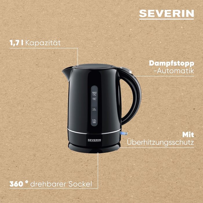 Електричний чайник Severin WK 4322, 1.7 л, чорний, з фільтром від накипу, пластик, 2200 Вт