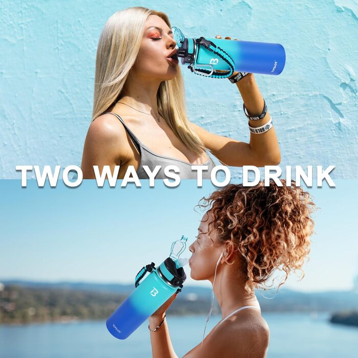Stainless Steel Water Bottle 1900 ml (+2 Lids), 1.9 Liter Insulated Water Bottle with Straw, Leak-Proof Double-Walled Insulated Bottle with Chug Lid for School, Fitness, Outdoor (710 ml, Green Blue)