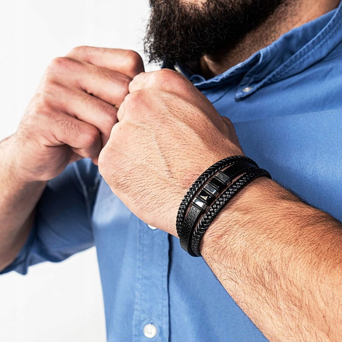 Чоловічий шкіряний браслет Premium: елегантний стиль, чорна сталь 316L