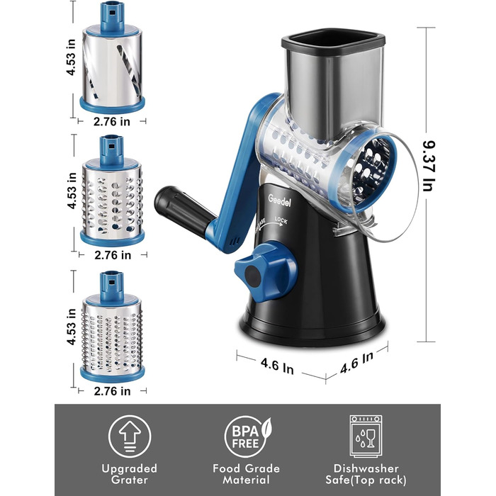 Терезка для овочів та сиру з 3 наборами лез, тертка-терка для швидкої та легкої нарізки, ідеальна для сиру, огірків, моркви, горіхів, білий колір (чорний, 3 леза)