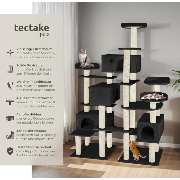 Тектейк® Кігтеточка для котів велика, кігтеточка з аксесуарами, XXL кігтеточка з 4 будиночками для котів, ігровий комплекс з кігтестолом, кігтевий стовп з сизалю, можливе кріплення до стіни - сірий (Чорний | № 403921)
