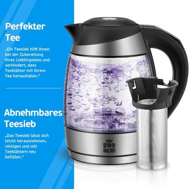 Електричний чайник FOR ME Glas з ситом, 1.8L, регулювання температури 40-100°C, 7 кольорів LED, підтримання тепла, без BPA
