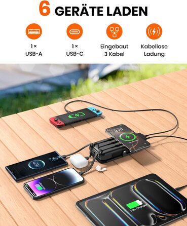 Портативний зарядний акумулятор A ADDTOP Solar 25000mAh з сонячною панеллю та 3 кабелями - 20W швидка зарядка, USB-C, для кемпінгу та подорожей (Чорний)