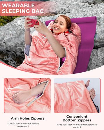 3-4 Season Sleeping Bag - Waterproof & Lightweight Sleeping Bag for Camping, Travel & Outdoor Activities - Adult Size (Pink)