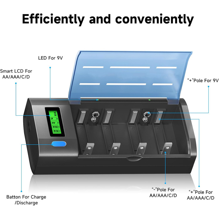 Зарядний пристрій для акумуляторів Universal для AA/AAA/SC/C/D/9V NI-Mh/NI-CD та 9V Li-ion з функцією розряду та LCD-дисплеєм, швидка зарядка