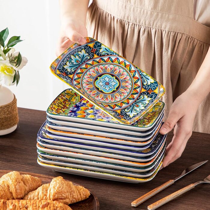 Vancasso Serving Plates, Porcelain, SIMI Rectangular Plate Set, 6-Piece Bohemian Dinner Plates, Dessert Plates for 6 People, 24.7 x 14.2 x H 3.1cm