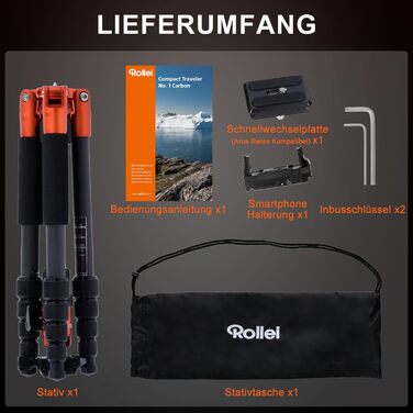 Штатив Rollei Compact Traveler No.1 143cm з кульковою головкою: легкий карбоновий штатив для камери та смартфона (Orange)