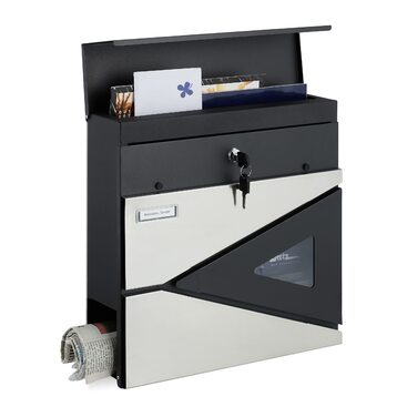 Поштова скринька Relaxdays HBT 37x37x11 см, сталь, чорний/срібний, з оглядовим вікном та замком