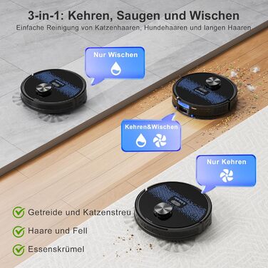 Робот-пилосос Lubluelu 3-в-1 з док-станцією, 4500Pa, функція миття, лазерна навігація, керування через додаток, для шерсті тварин, килимів, твердих підлог (блакитно-чорний)