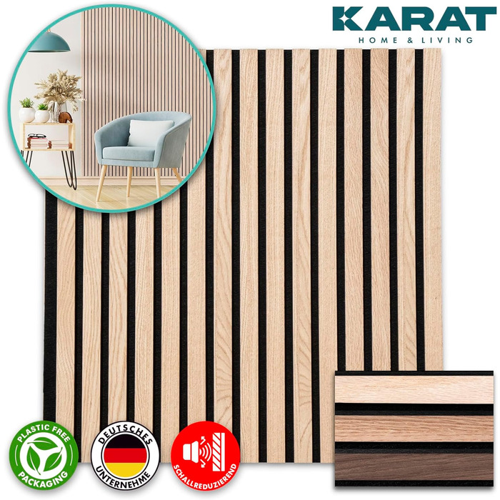 Акустичні настінні панелі KARAT з натурального шпона для шумоізоляції та звукопоглинання, дерево та фетр (60 x 60 см, Білий дуб)