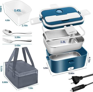 Електрична ланчбокс 1,8л 100W 3-в-1 з підігрівом 12V/24V/220V для авто/офісу/дому (з виделкою та ложкою, блакитна)