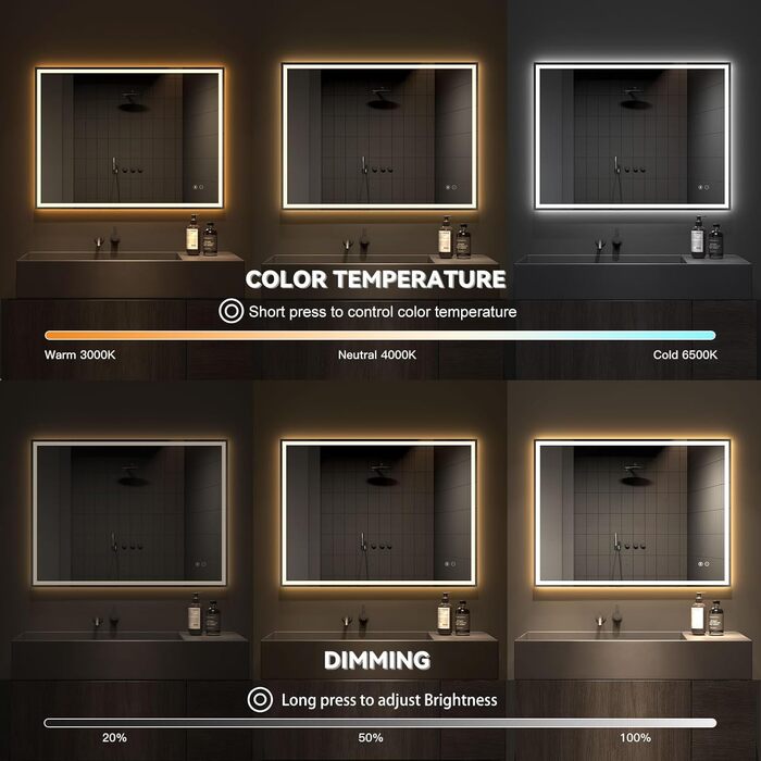 Дзеркало для ванної кімнати з LED-підсвічуванням Dripex, 50x70 см, сенсорне управління, протитуманне покриття, Bluetooth, розетка, 3 кольори світла