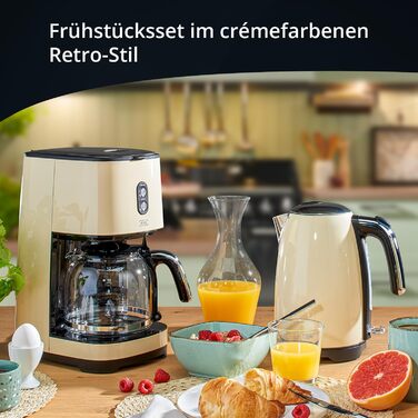 Набір для сніданку KHG: чайник та тостер, кремово-бежевий, ретро-стиль, 1.7л, 2 тости, 360° обертання, кнопка відкривання, індикатор, регулювання ступеня підсмажування, функції підігріву та розморожування (комплект з кавоваркою)