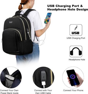 Рюкзак шкільний YIORMIOR для підлітків, чоловіків та жінок, 35L, USB-порт для зарядки, 15.6 дюймів, чорно-золотий