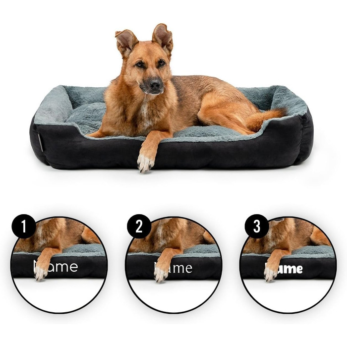 Ліжко для собак Lionto з двостороннім подушкою та неслизьким дном, міцне лежання для собак та котів будь-якого віку, 60x48 см, м'яке собаче ліжко, (Д 90 x Ш 70 x В 20 см (з нанесенням імені), чорний/сірий)