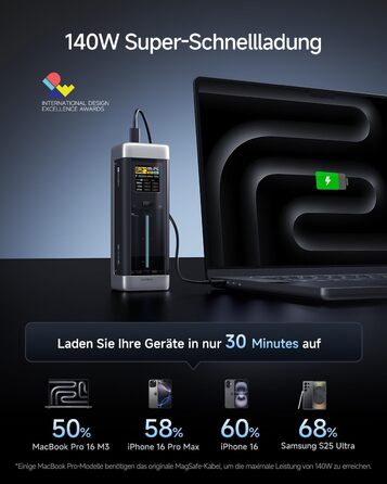 Power Bank CUKTECH 20: 25000mAh, 140W, PD3.1, 3 порти, цифровий дисплей, для ноутбуків, MacBook, Xiaomi, Galaxy, iPhone