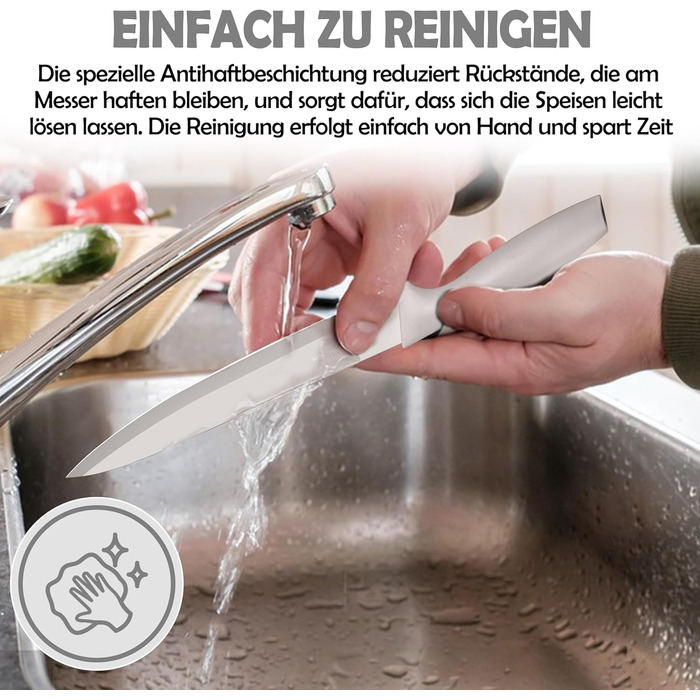 Набір кухонних ножів Homikit, нержавіюча сталь, 6 предметів, з захисним чохлом. Включає: кухарський ніж, ніж для м'яса, ніж для хліба, універсальний ніж, ніж для очищення овочів, сатокі. Антипригарне покриття, Khaki