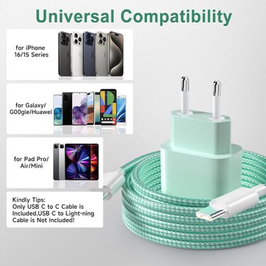 Зарядний пристрій USB-C 20W для iPhone 17/16/15 Pro/Plus, кабель Type-C 2м, PD3.0, адаптер живлення - Зелений