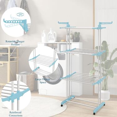 Стійка для сушіння білизни HOMASIS з 4 рівнями, розкладна, з колесами та бічними крилами, 127x63x171см, блакитна, вантажопідйомність 30 кг
