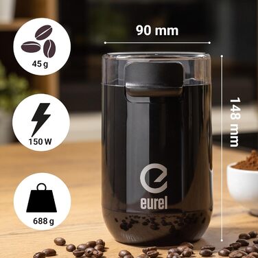 Електрична кавомолка EUREL KMA з нержавіючого сталі, змінний помел, компактний дизайн, 45г – чорний колір
